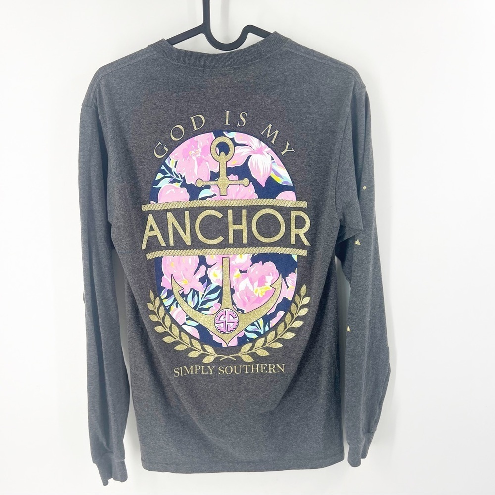 ✅ SIMPLY SOUTHERN "GOD IS MY ANCHOR" GREY LONG SLEEVE CREW‎ NECK T-SHIRT SMALL